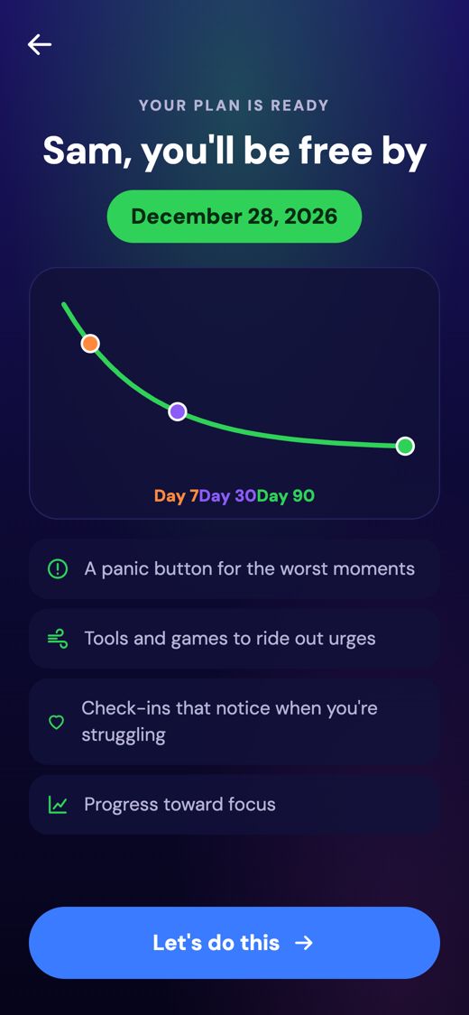 Quit90 app screen: your plan is ready, you'll be free by December 28